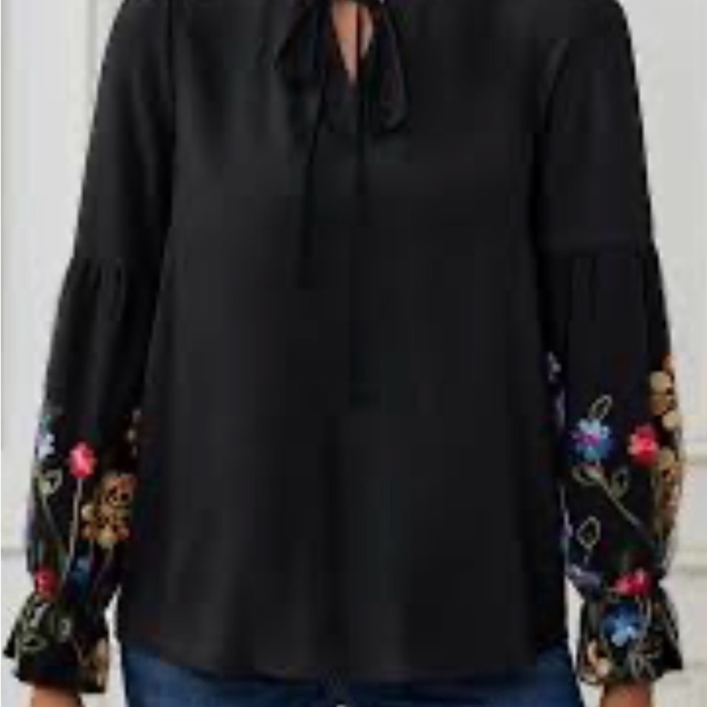 SHEIN Black Sheer Flowy Blouse with Colorful Lantern Embroidered Floral Sleeves - Picture 14 of 17